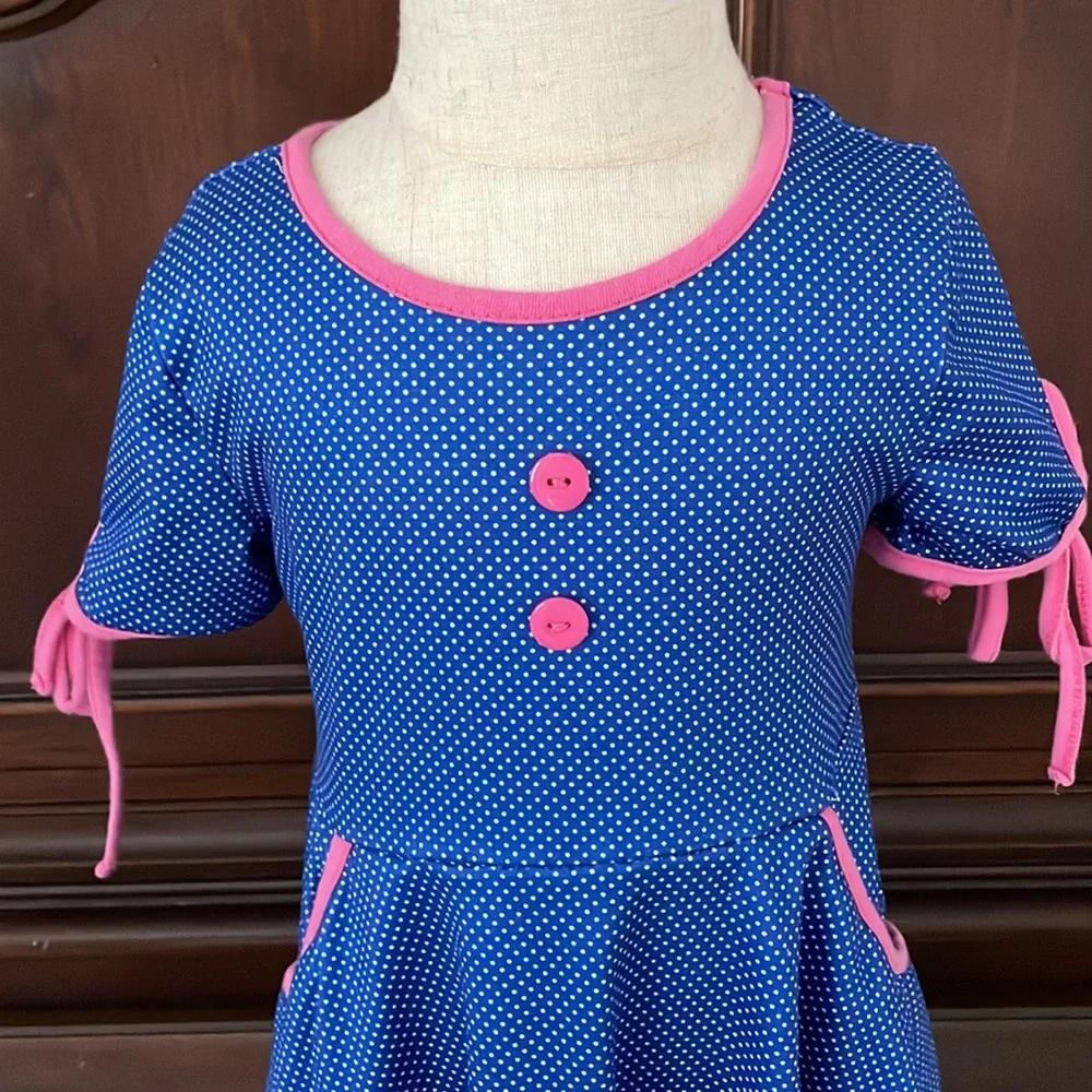 Dash of Glitter Girls Blue Polka Dot Dress 2T Pink Trim Casual Twirl Dress